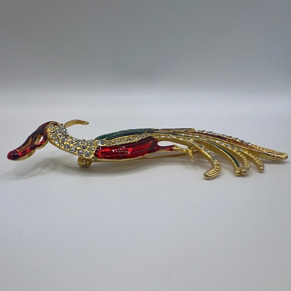 Vintage Phoenix Bird Brooch Gold Tone Red Green Enamel Rhinestone Long Tail Pin